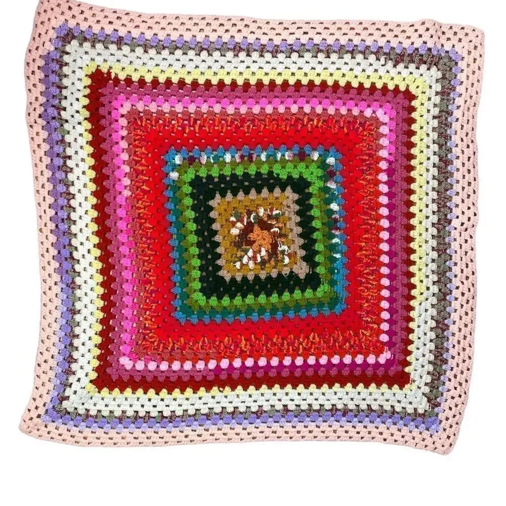 Vintage Afghan-Granny Blanket Multi Color Handmade 36x36 Boho 70s Sm Throw EUC